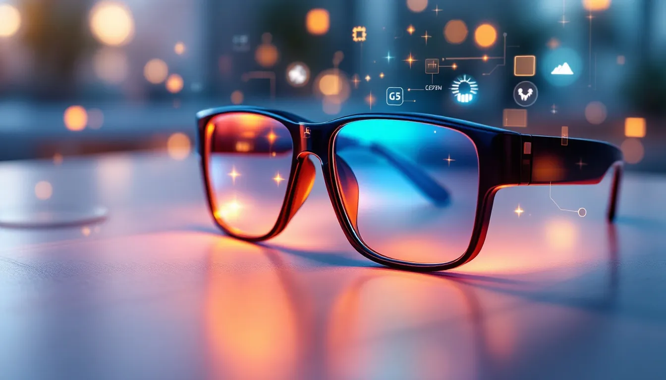 Ilustración conceptual de gafas inteligentes con interfaz holográfica y elementos tecnológicos flotantes