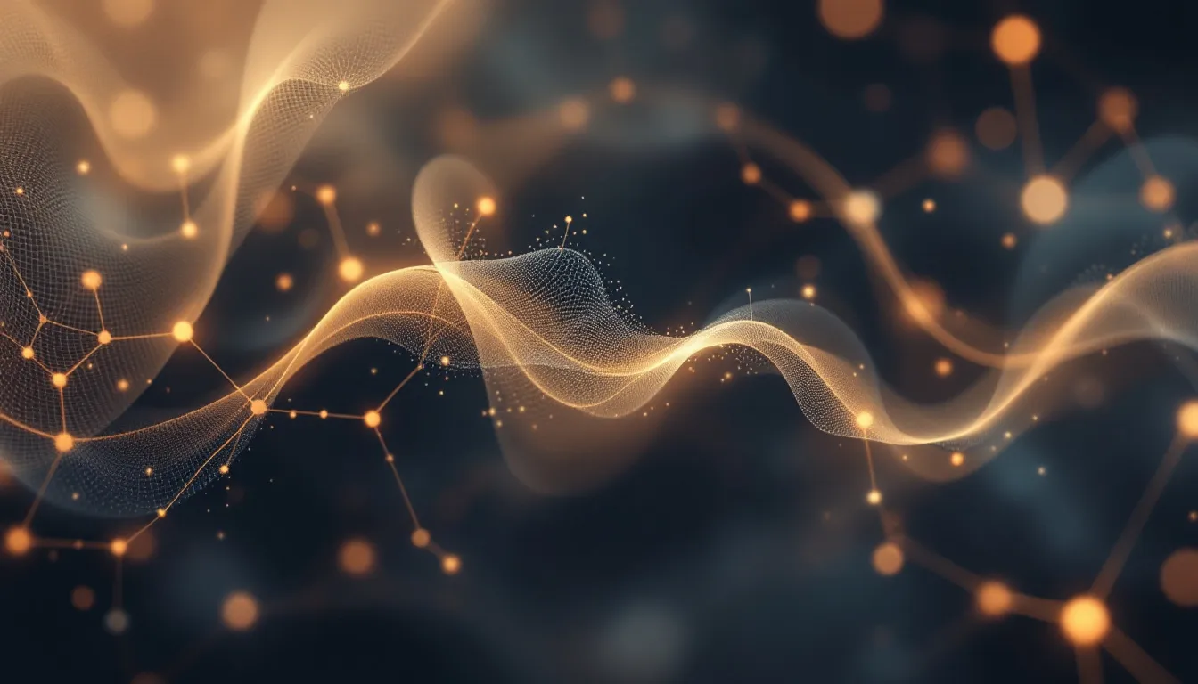 Ilustración conceptual de redes neuronales y ritmo respiratorio, representación abstracta del impacto cognitivo de la meditación