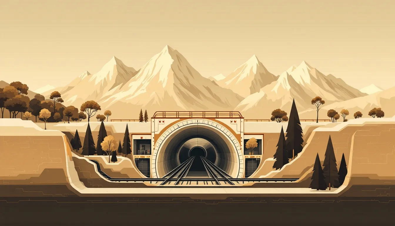 Ilustración editorial de corte transversal de túnel ferroviario bajo montañas con tubos paralelos