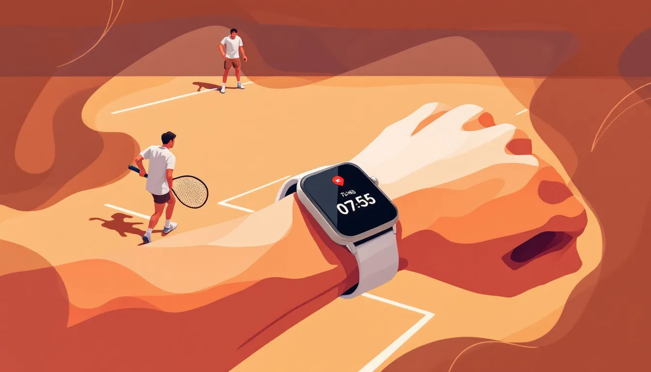 Ilustración editorial de reloj inteligente en muñeca durante práctica deportiva de pádel