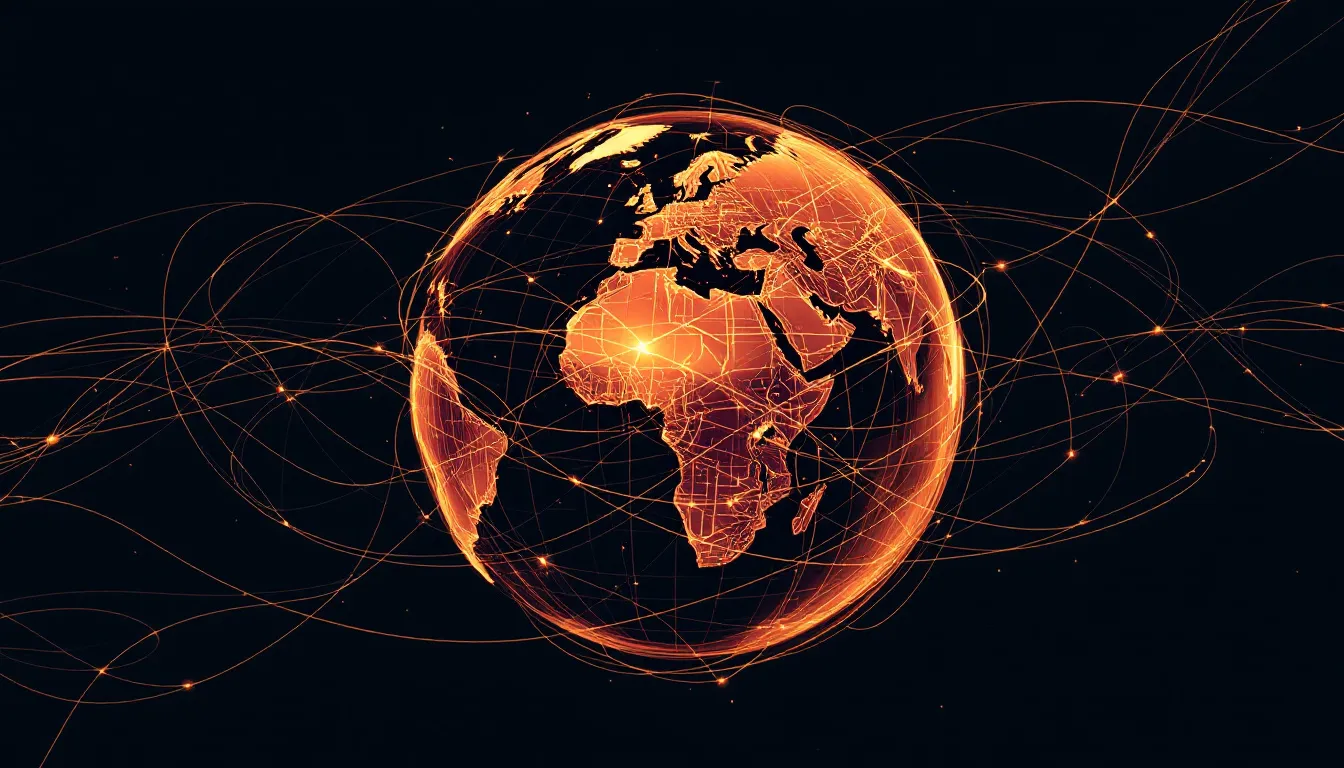 Ilustración conceptual de un globo terráqueo digital con rutas de vuelo y tecnología de exploración virtual