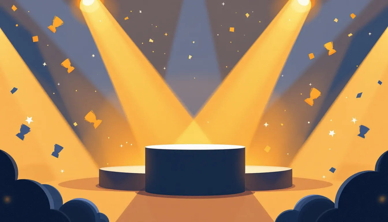 Ilustración conceptual de ceremonia de premios creativos con focos dorados y formas abstractas