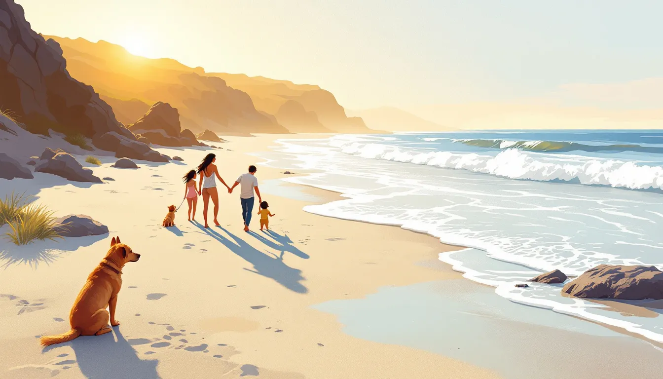 Ilustración conceptual de playa costera con ambiente vacacional y mascotas