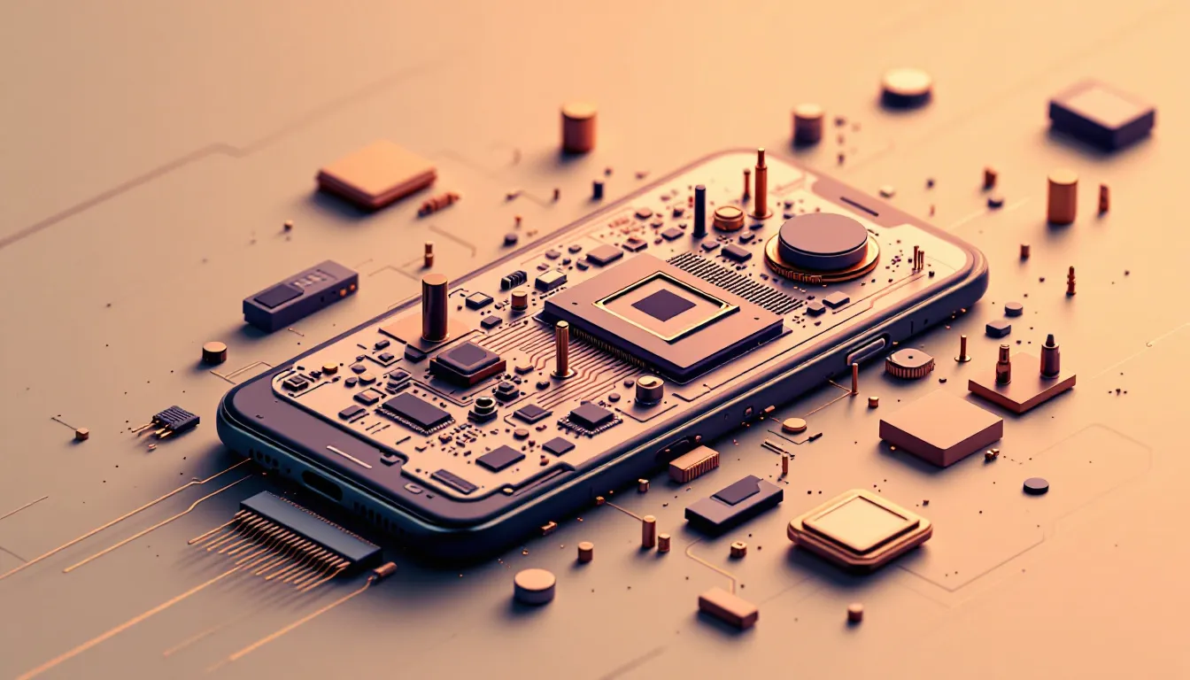 Ilustración conceptual de procesador de smartphone y componentes internos en estilo editorial