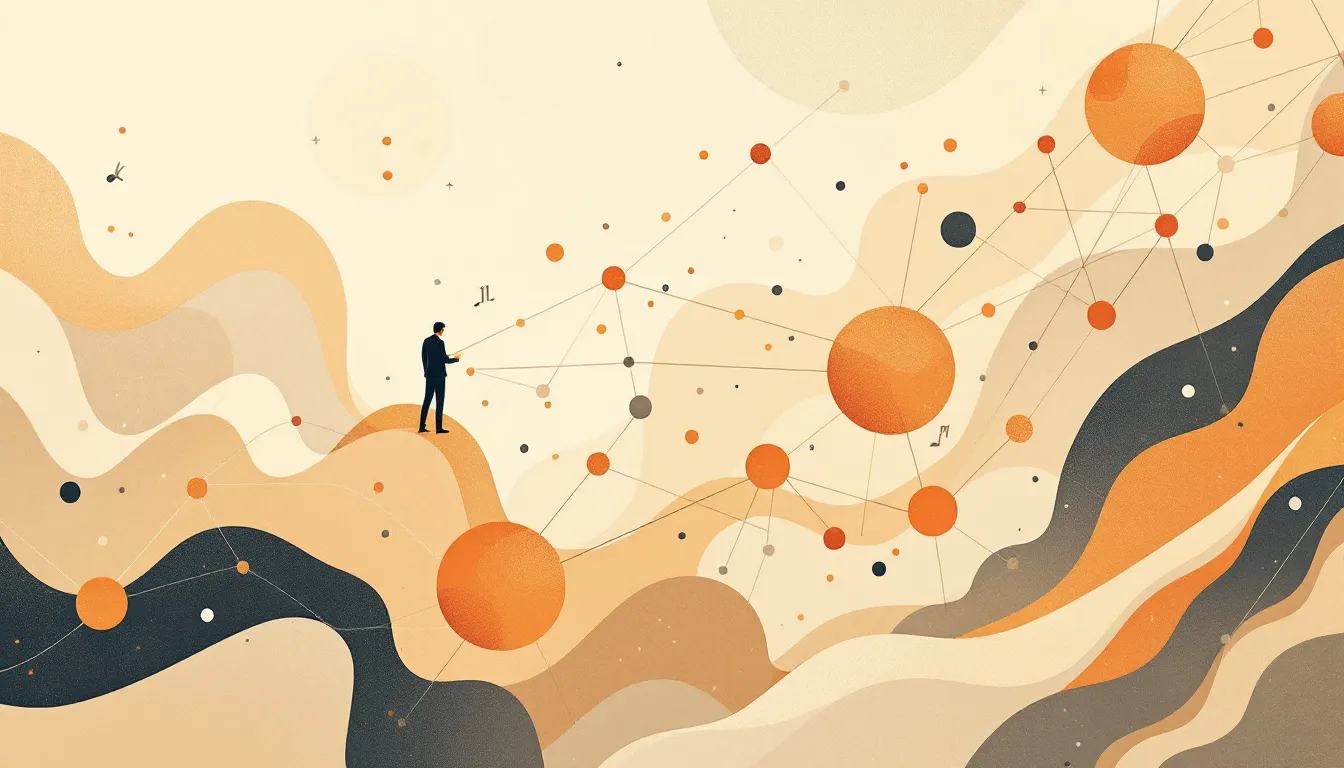 Ilustración conceptual de una red neuronal de IA con nodos geométricos interconectados y parámetros numéricos