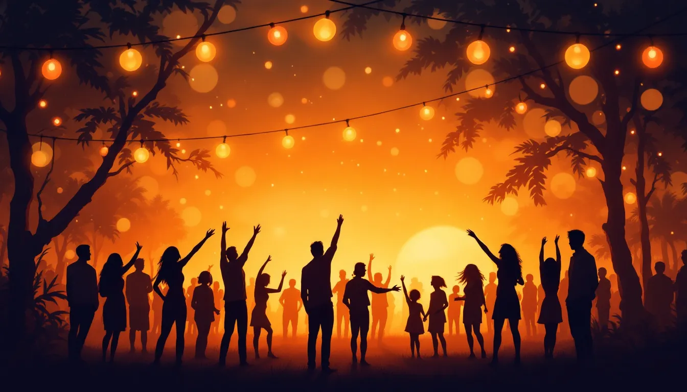 Ilustración conceptual de una noche de verbena veraniega con luces cálidas y ambiente festivo