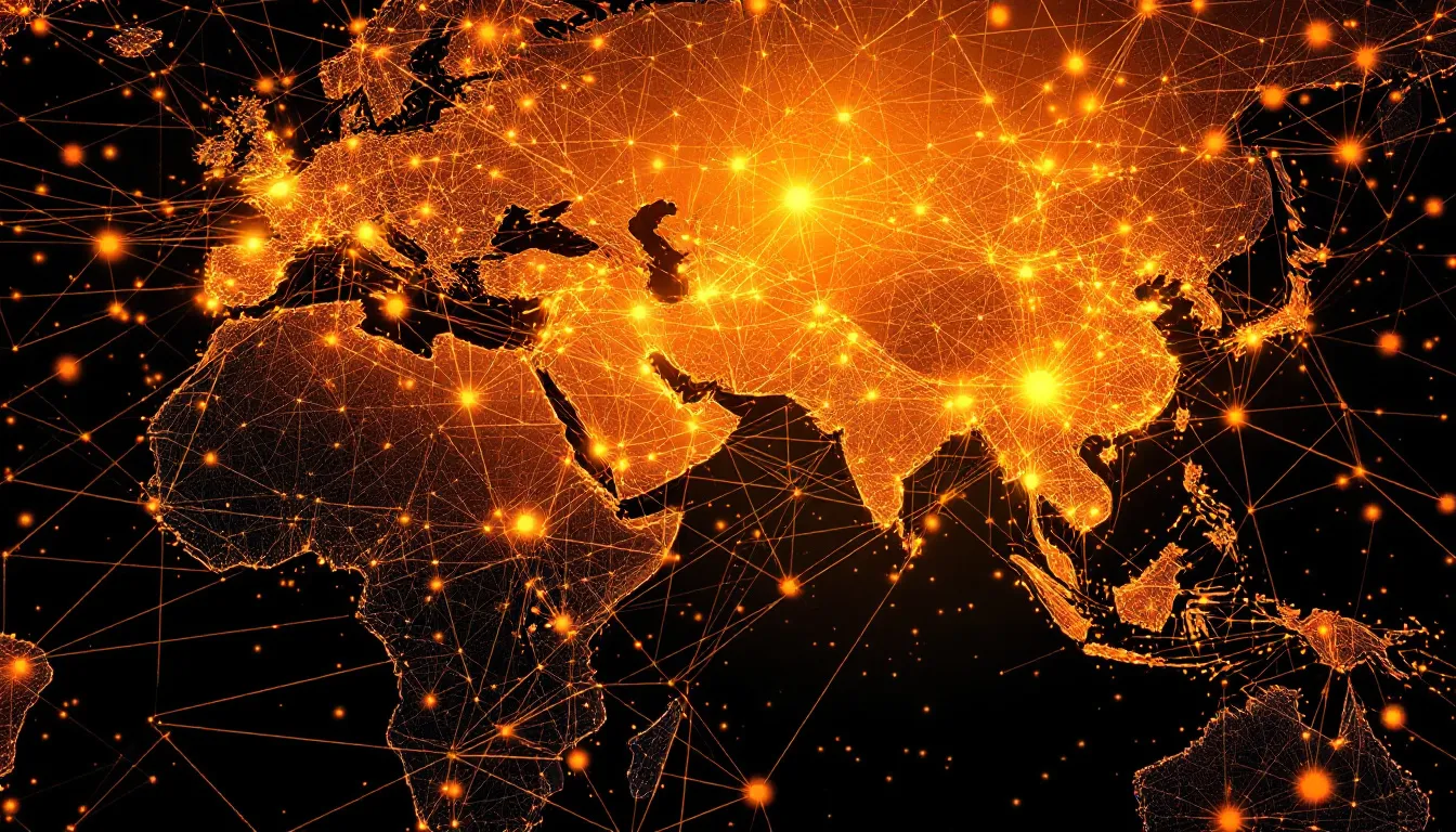 Ilustración conceptual de redes de inteligencia artificial interconectadas globalmente y flujos de datos tecnológicos