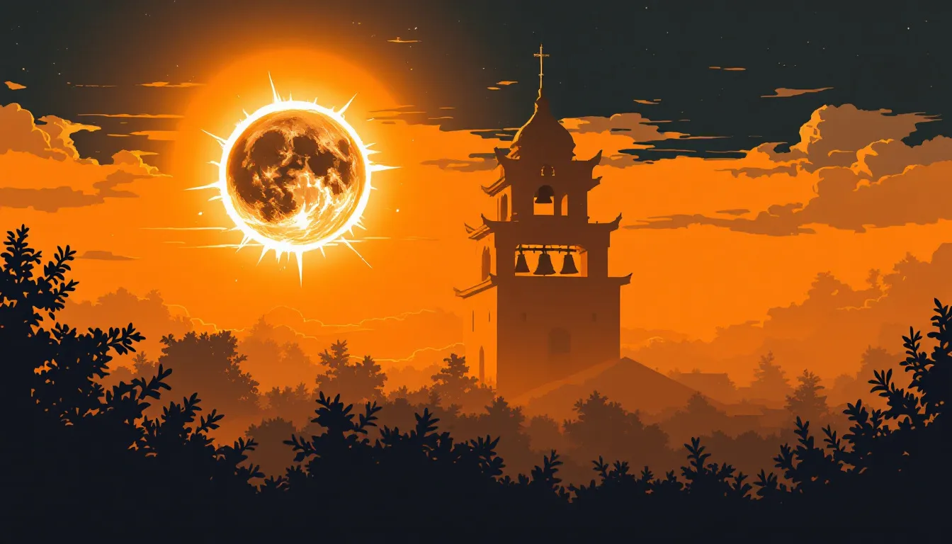 Ilustración conceptual de campanas tradicionales con eclipse solar al fondo