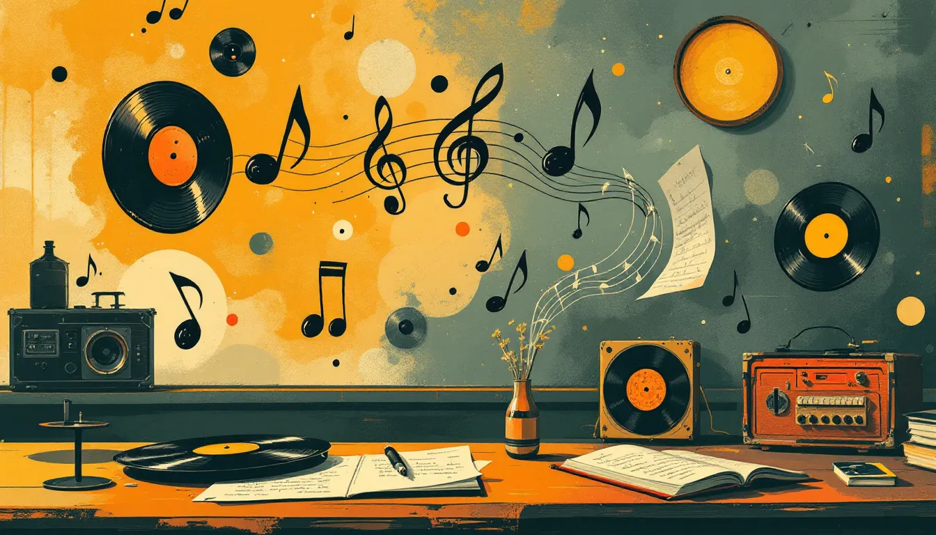 Ilustración editorial de un aula de música vintage con discos de vinilo y notas musicales flotantes