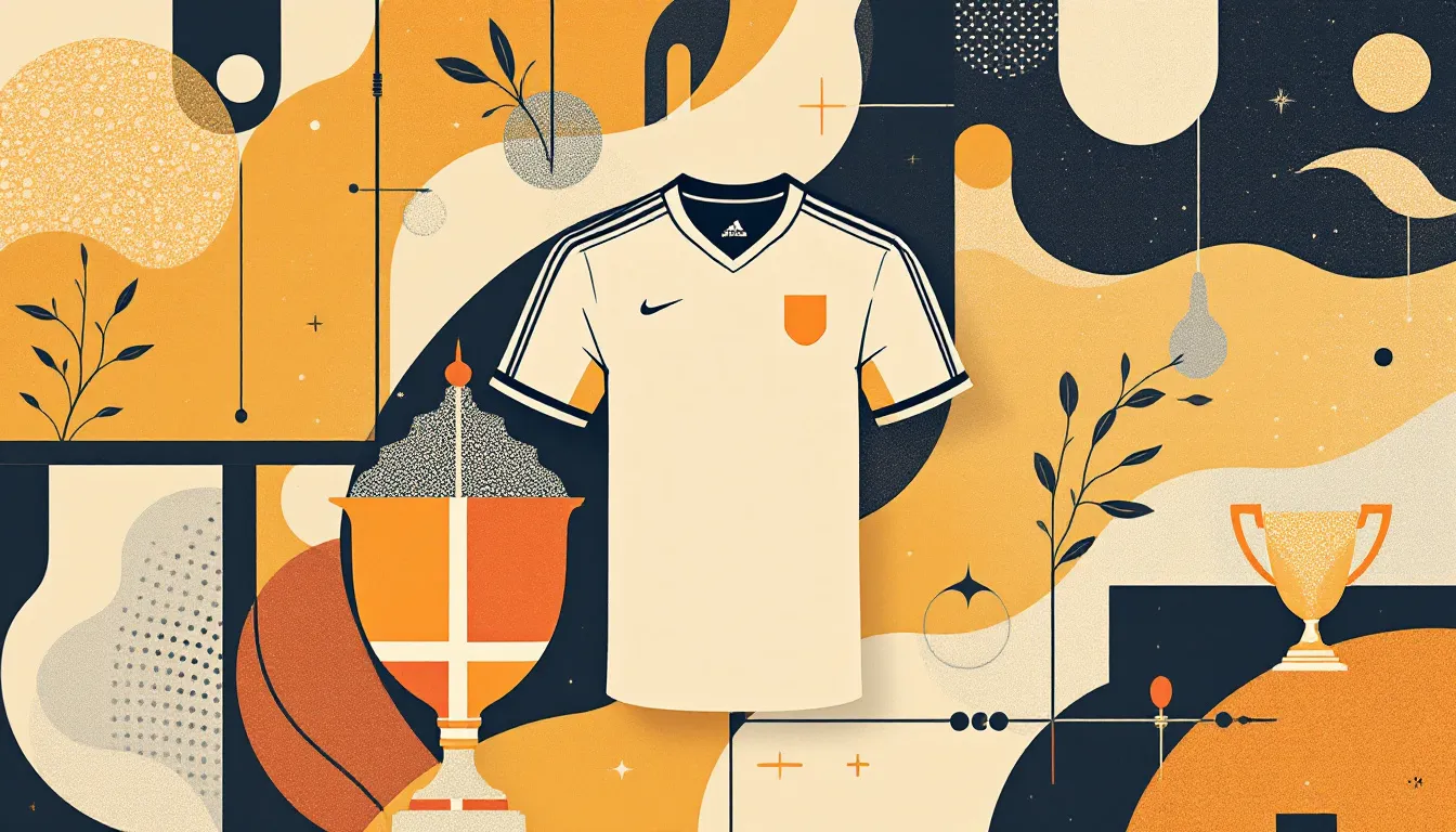 Ilustración editorial abstracta combinando elementos de fútbol y moda en tonos cálidos y estética vintage