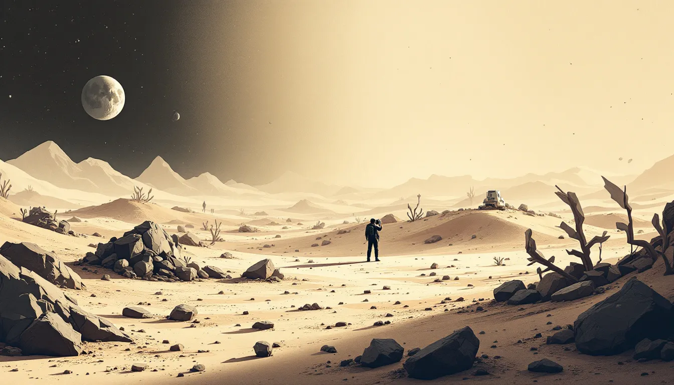 Ilustración conceptual de chatarra espacial en la Luna y exploración del sistema solar
