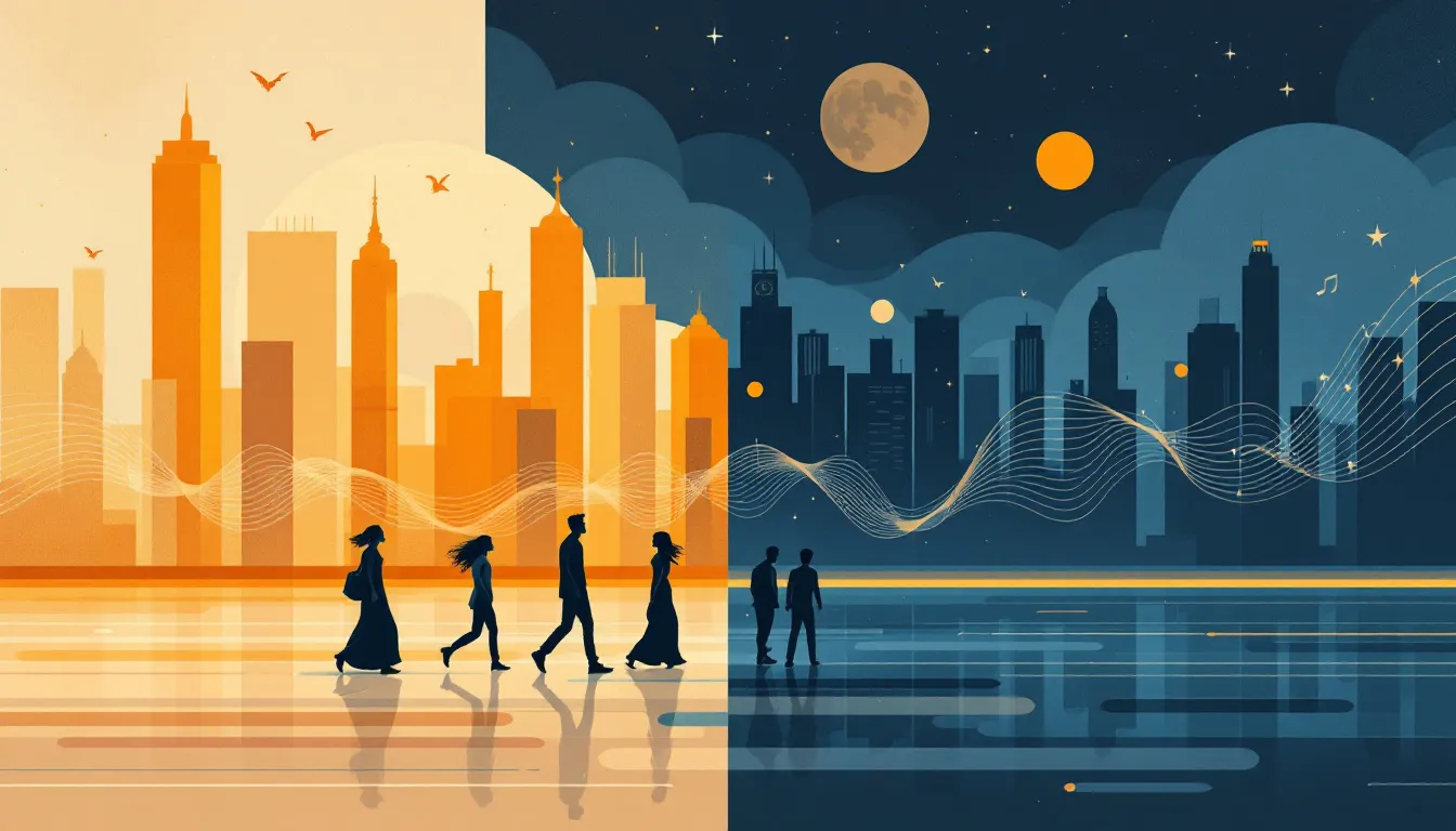 Ilustración conceptual de la dualidad día-noche en la vida de los jóvenes urbanos