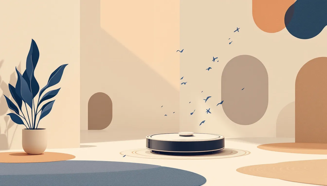 Ilustración conceptual de robot aspirador en entorno doméstico minimalista con elementos tecnológicos