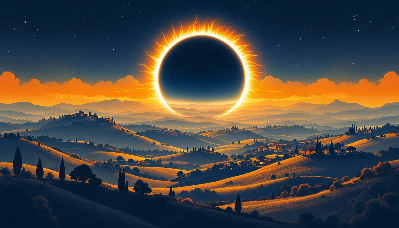 Ilustración editorial de un eclipse solar sobre paisaje rural español con tonos ámbar y añil