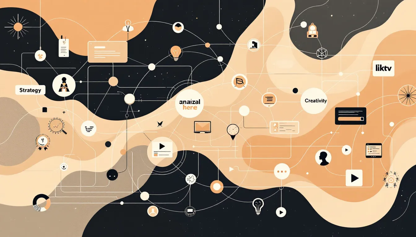 Ilustración conceptual de un sistema integrado de marketing digital con canales conectados