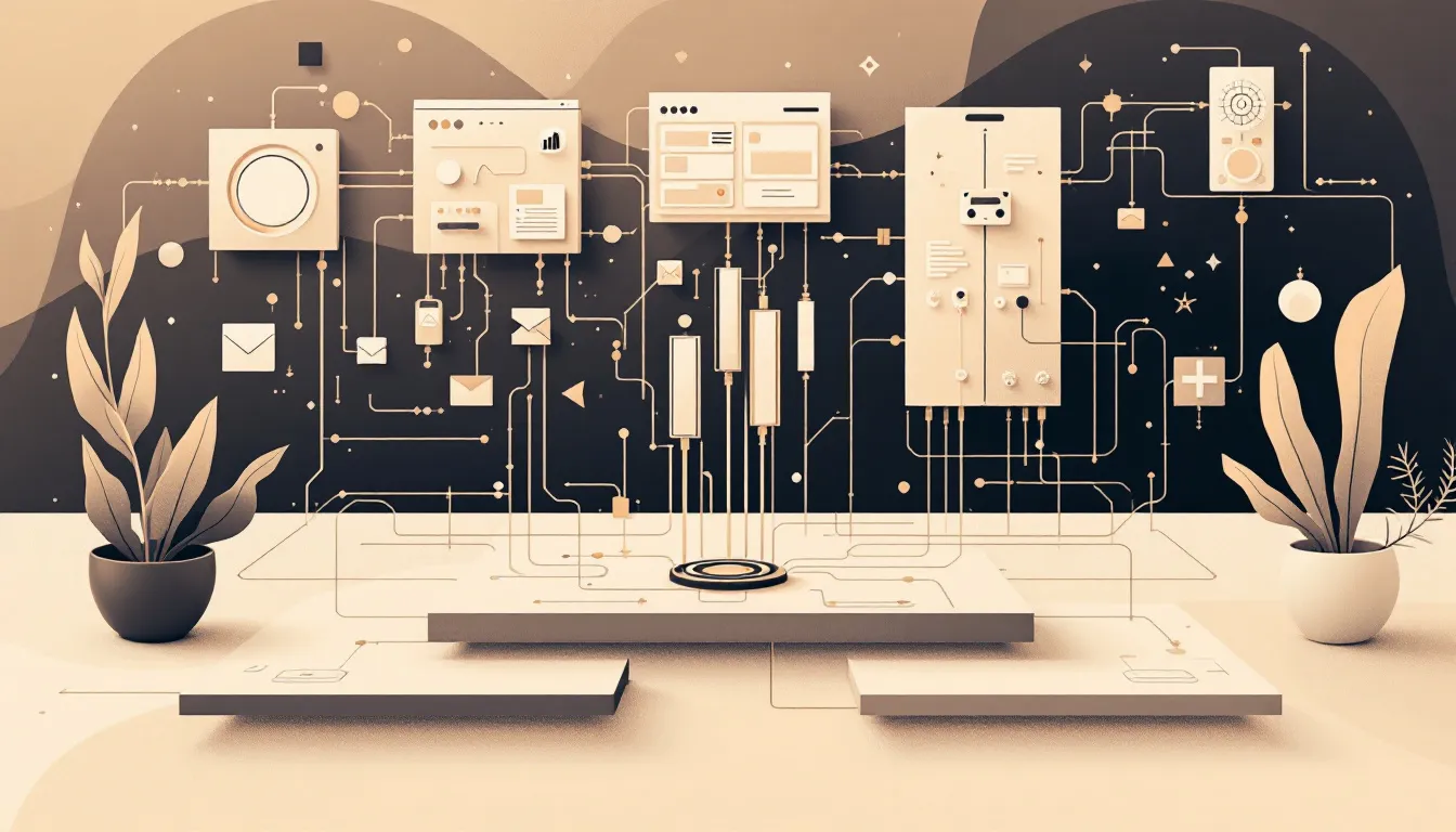 Ilustración conceptual de bloques modulares convergiendo en una interfaz unificada de software